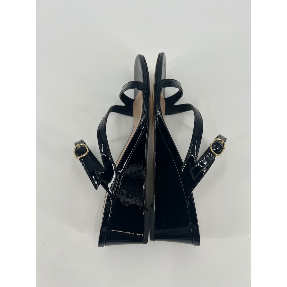 Stuart Weitzman Black Patent Leather Strappy Wedge Sandals Gold Buckle Size 8 - Picture 6 of 8